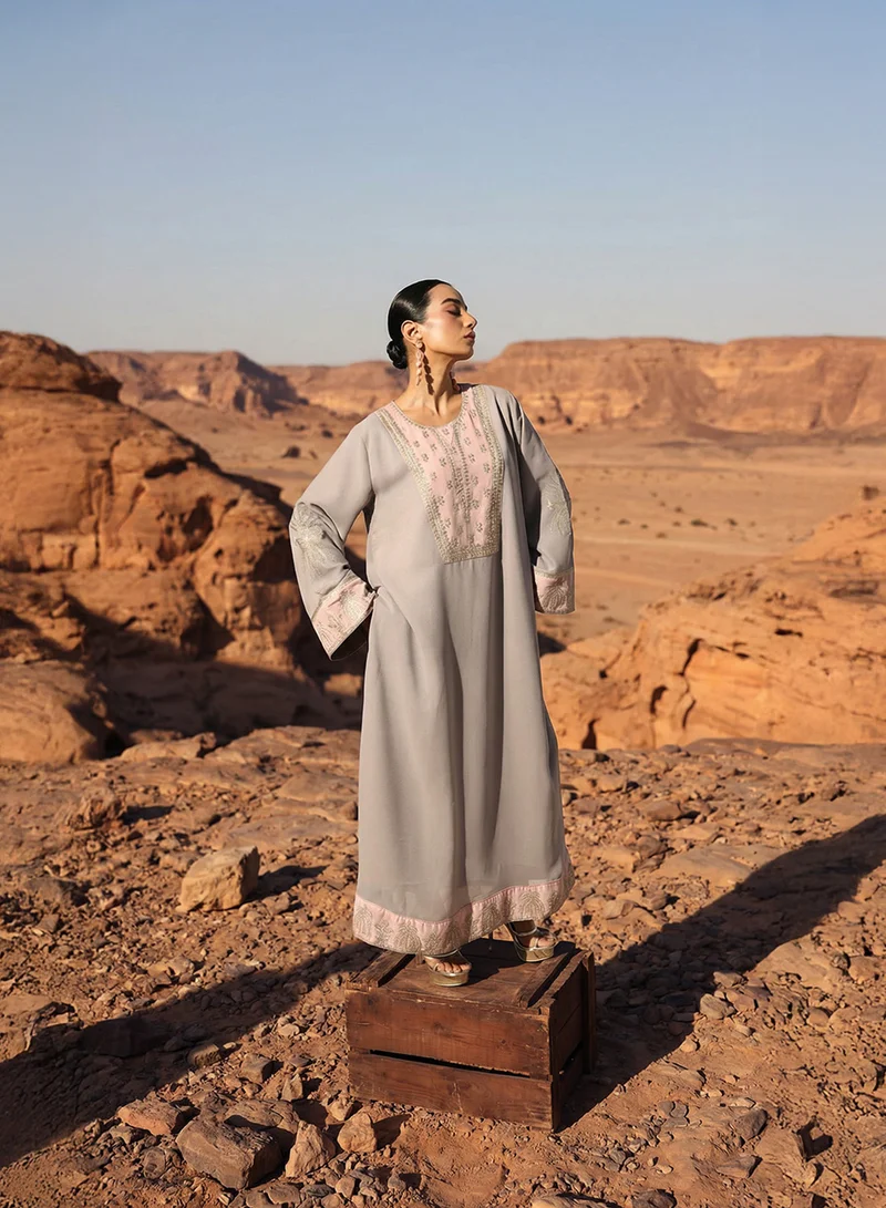 ISHIN Grey Zari Embroidered Colourblock Abaya